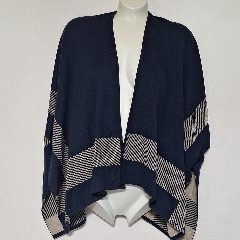 CAbi Reversible Navy and Tan Striped Sweater Cape Poncho